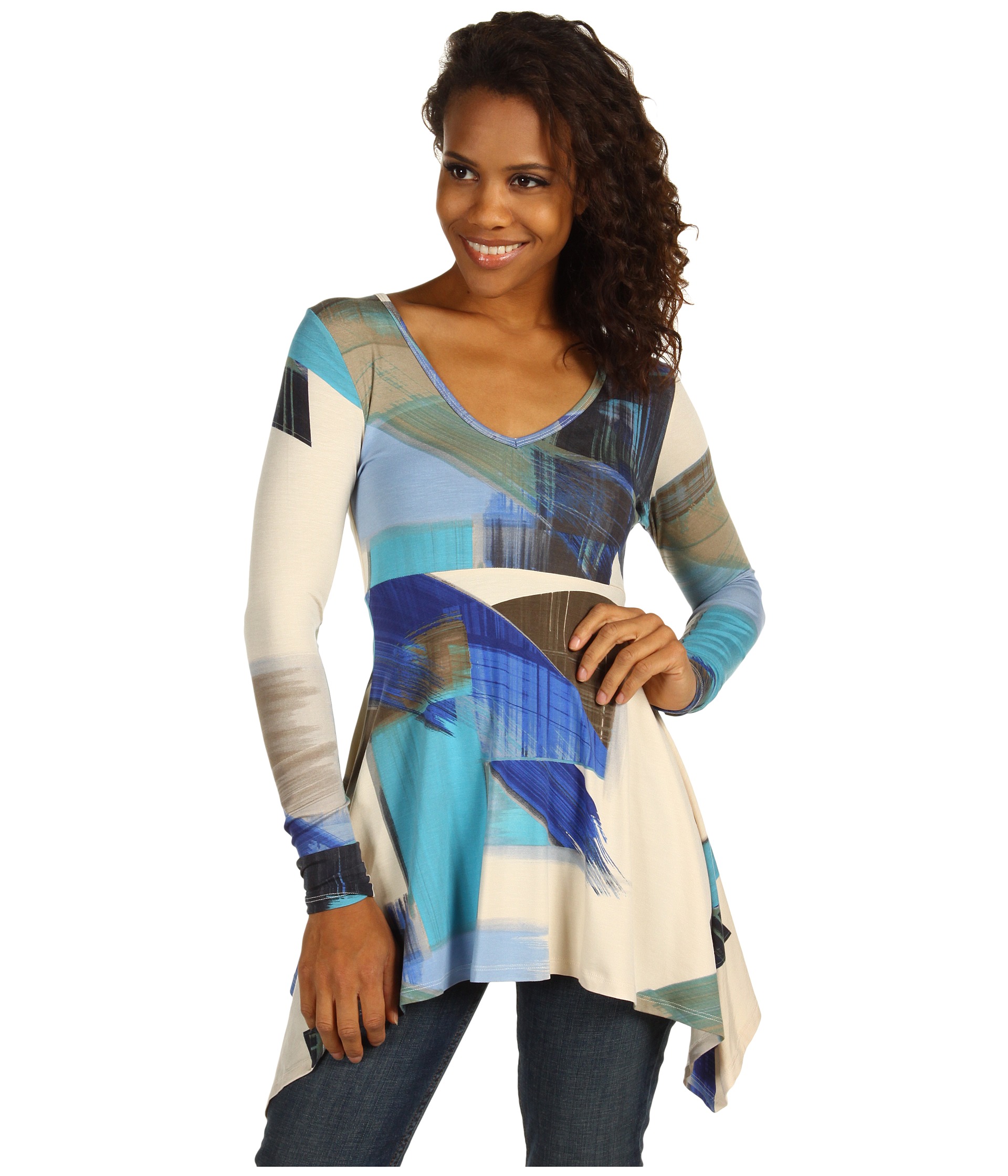 Karen Kane Gallery Print Handkerchief Top at 